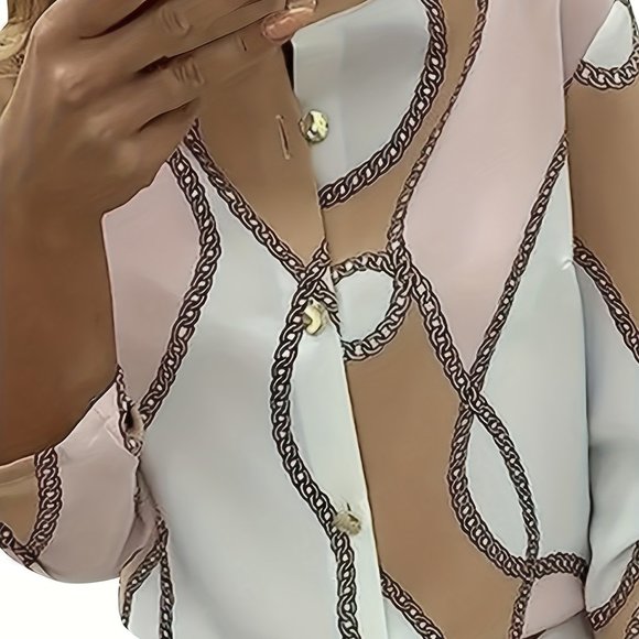 Plus Size Pink Colorblock Chain Print Button Up Roll Up Sleeve - Picture 4 of 11